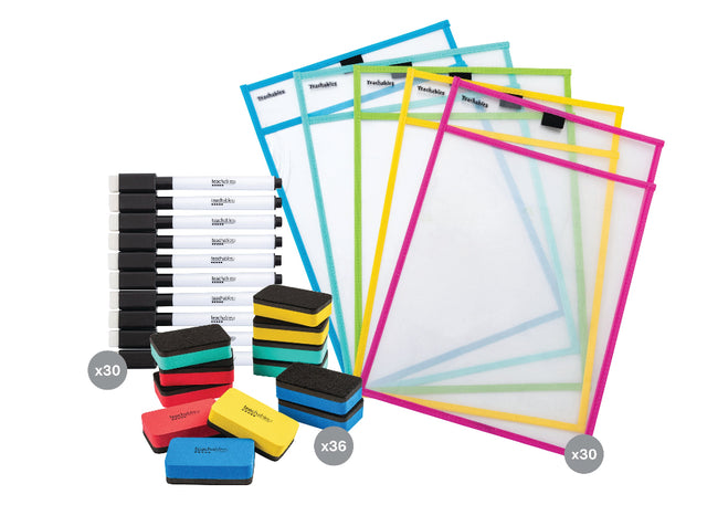 A4 Write n Wipe Sleeves, Pens & Erasers Kit - Pack of 30