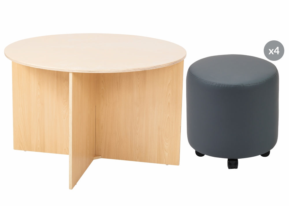 Ergerite Round Table and Ottoman Set - Grey Vinyl