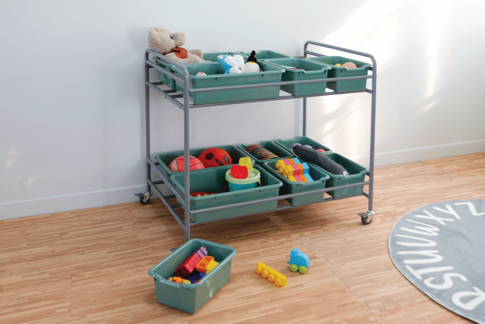 Storage Trolley with 12 Plastic Coloured Tubs